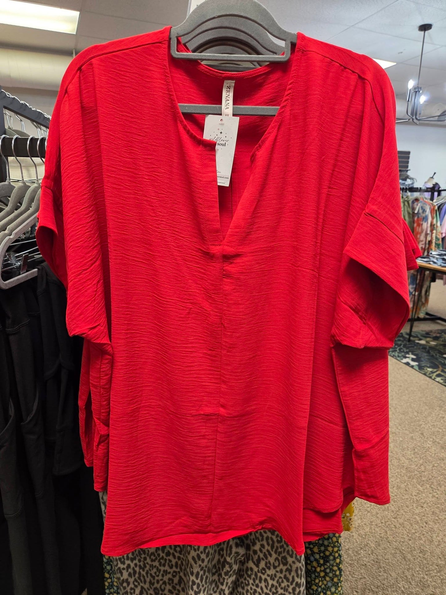 Plus Woven Airflow Split Neck Top - Red