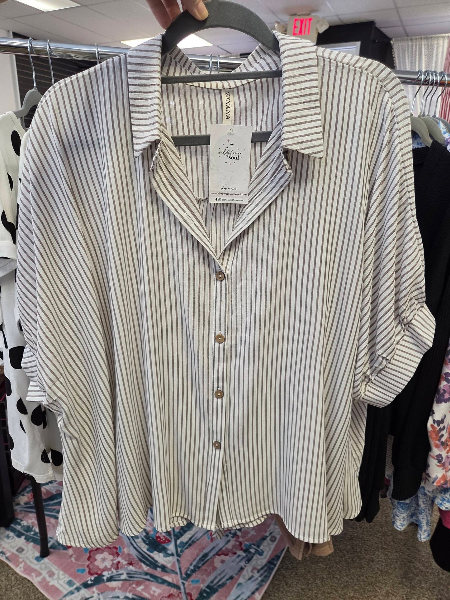 Zenana Woven Striped Button Down Boxy Top