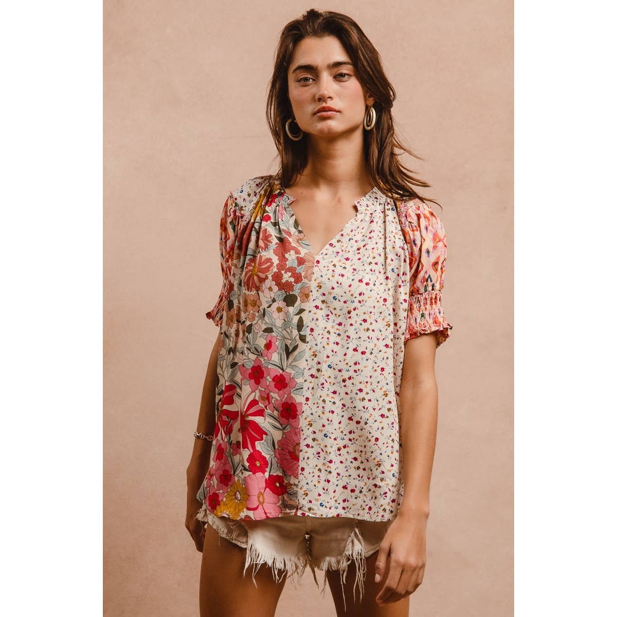 Bibi Woven Print Mix Match Peasant Top