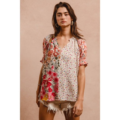 Bibi Woven Print Mix Match Peasant Top