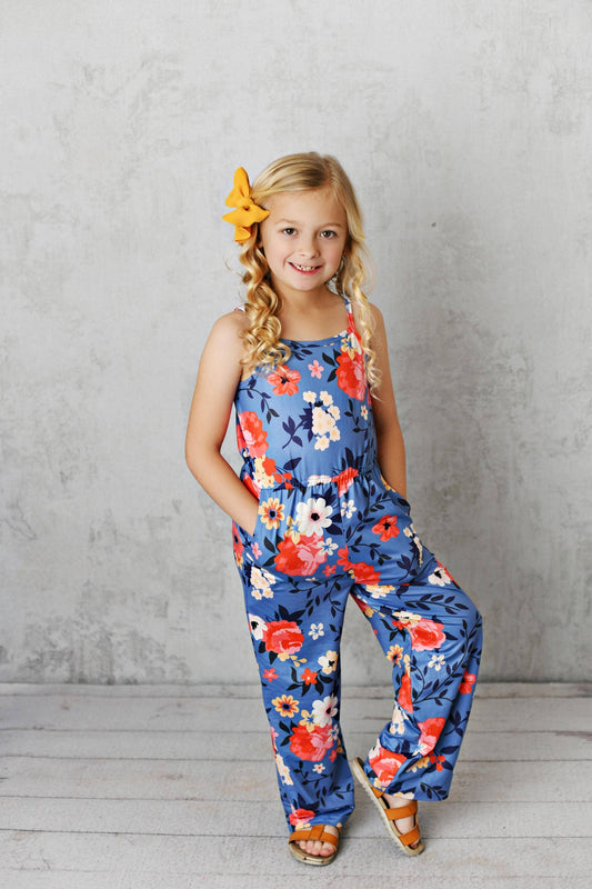 Kids Blue & Coral Floral Summer Jumpsuit With Pockets