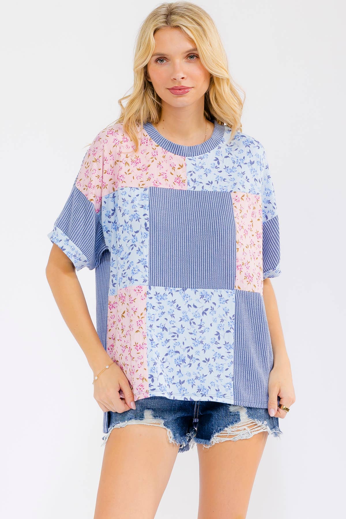 Floral Patchwork Short Sleeve Top Blue