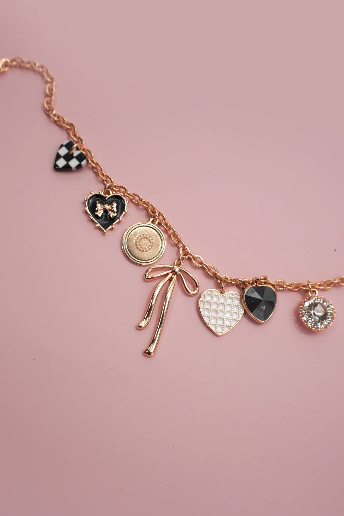 Charm Necklace Bow Checkered Heart