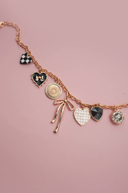 Charm Necklace Bow Checkered Heart