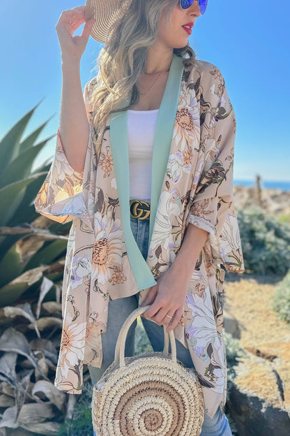 Elegance Nude Floral Printed Kimono Cardigan Cover UP