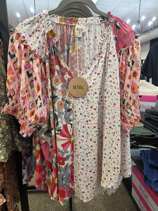 Bibi Woven Print Mix Match Peasant Top
