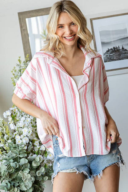 Stripe Button Down Cuff Short Sleeve Blouse