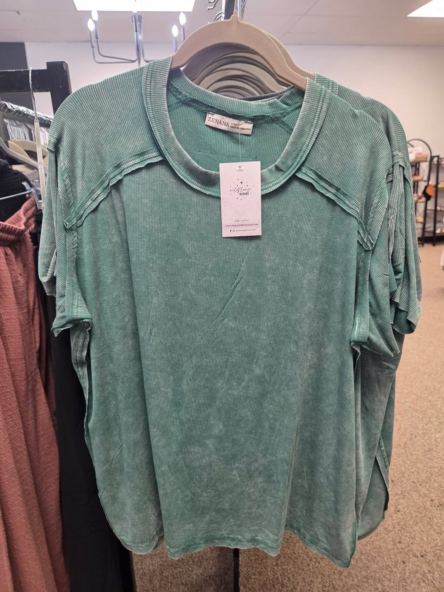 Zenana Washed Ribbed Boat-Neck Top - Forest Green