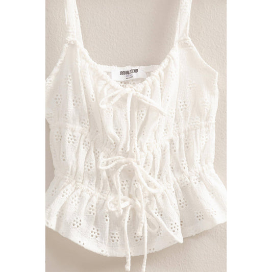 Eyelet Knit Ruched Sleeveless Tank Top