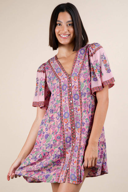 Shirring Detail Printed Woven Mini Dress