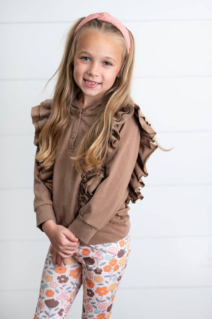 Kids Chocolate Ruffle Hoodie & Fall Floral Pant Set