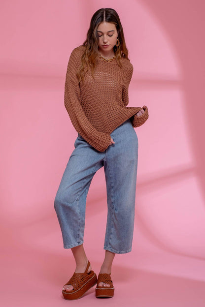 SHEER CREW NECK CROCHET KNIT SWEATER