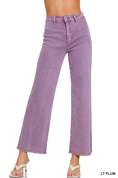 Zenana Acid Washed Frayed Cutoff Hem Straight Wide Pants