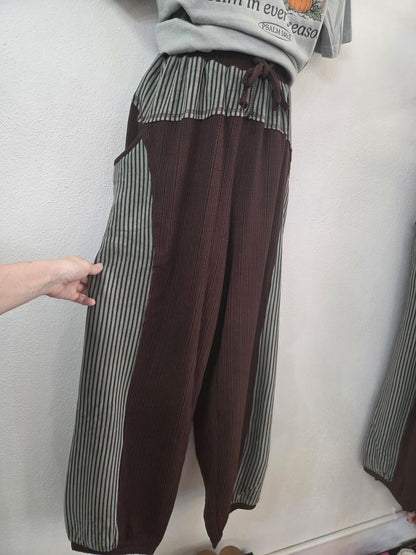 New Me - Contrast Striped Panel Drawstring Joggers - Brown + Green
