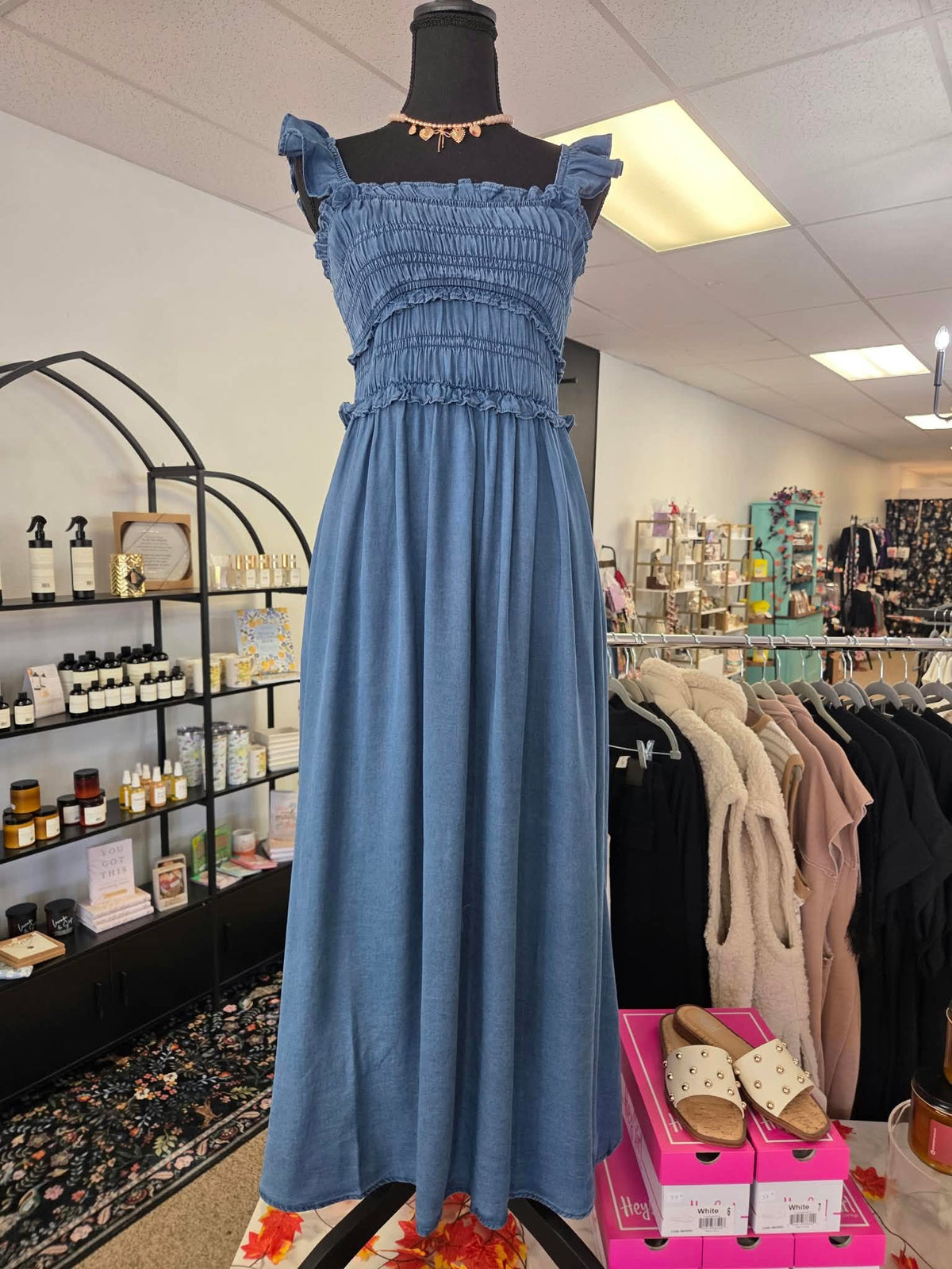 Blu Pepper - Smocked Ruffle Strap Denim Dress