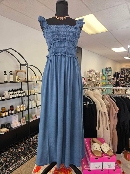 Blu Pepper - Smocked Ruffle Strap Denim Dress