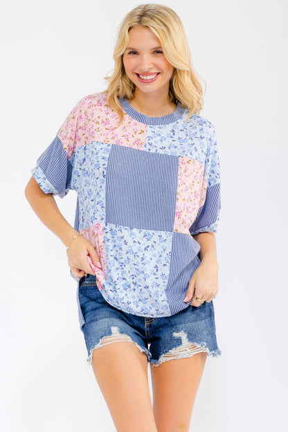 Floral Patchwork Short Sleeve Top Blue