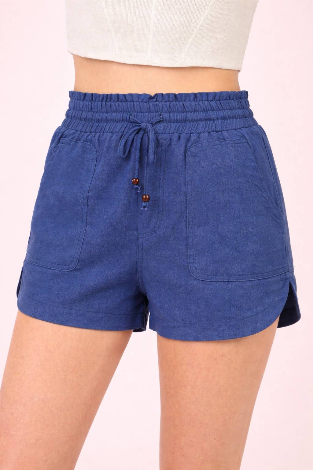 Blue Elastic Waist Solid Linen Shorts