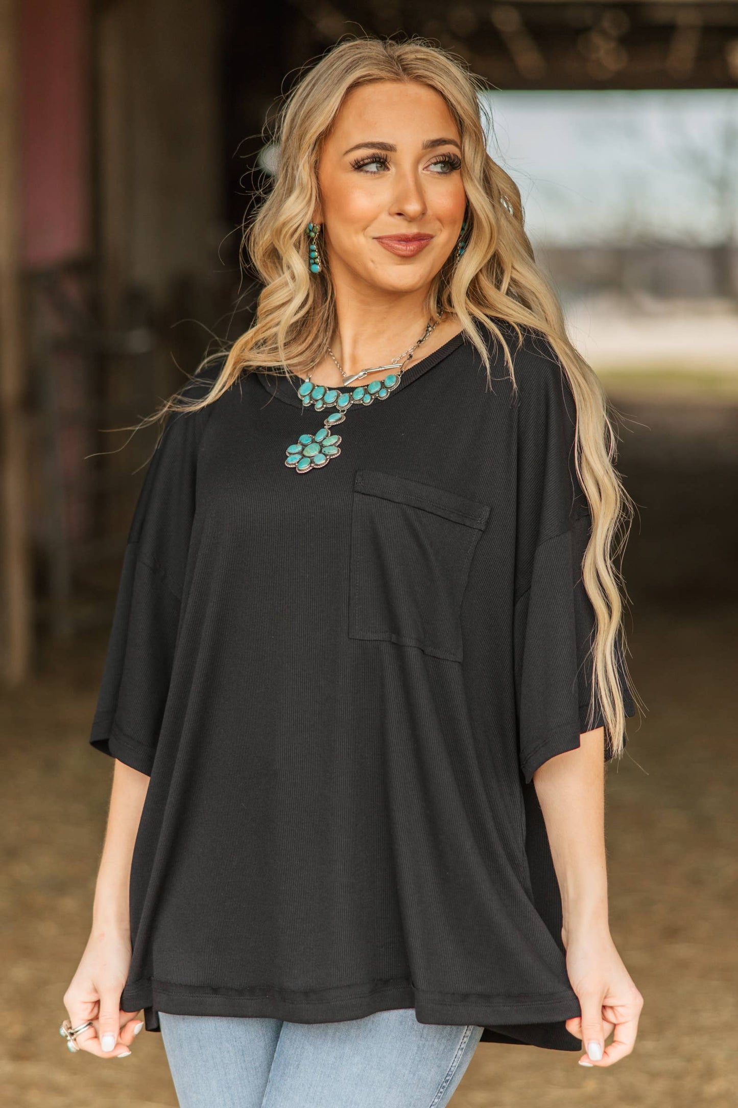 Ribbed Relaxed Boyfriend Shirt w/ Pocket Detail