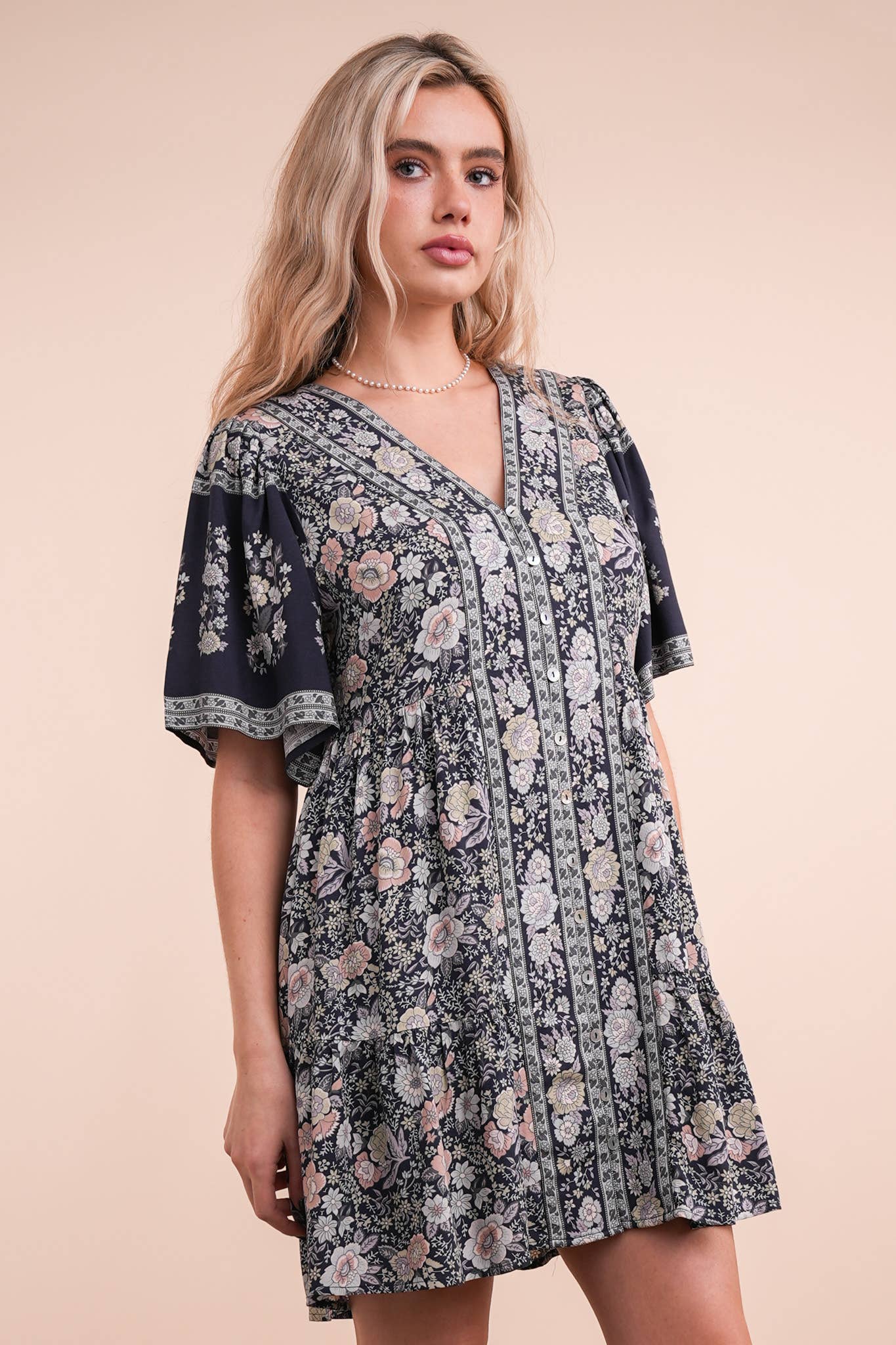 Shirring Detail Printed Woven Mini Dress