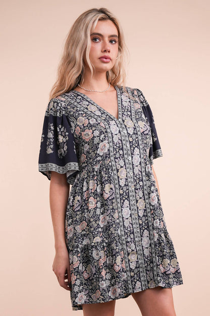 Shirring Detail Printed Woven Mini Dress