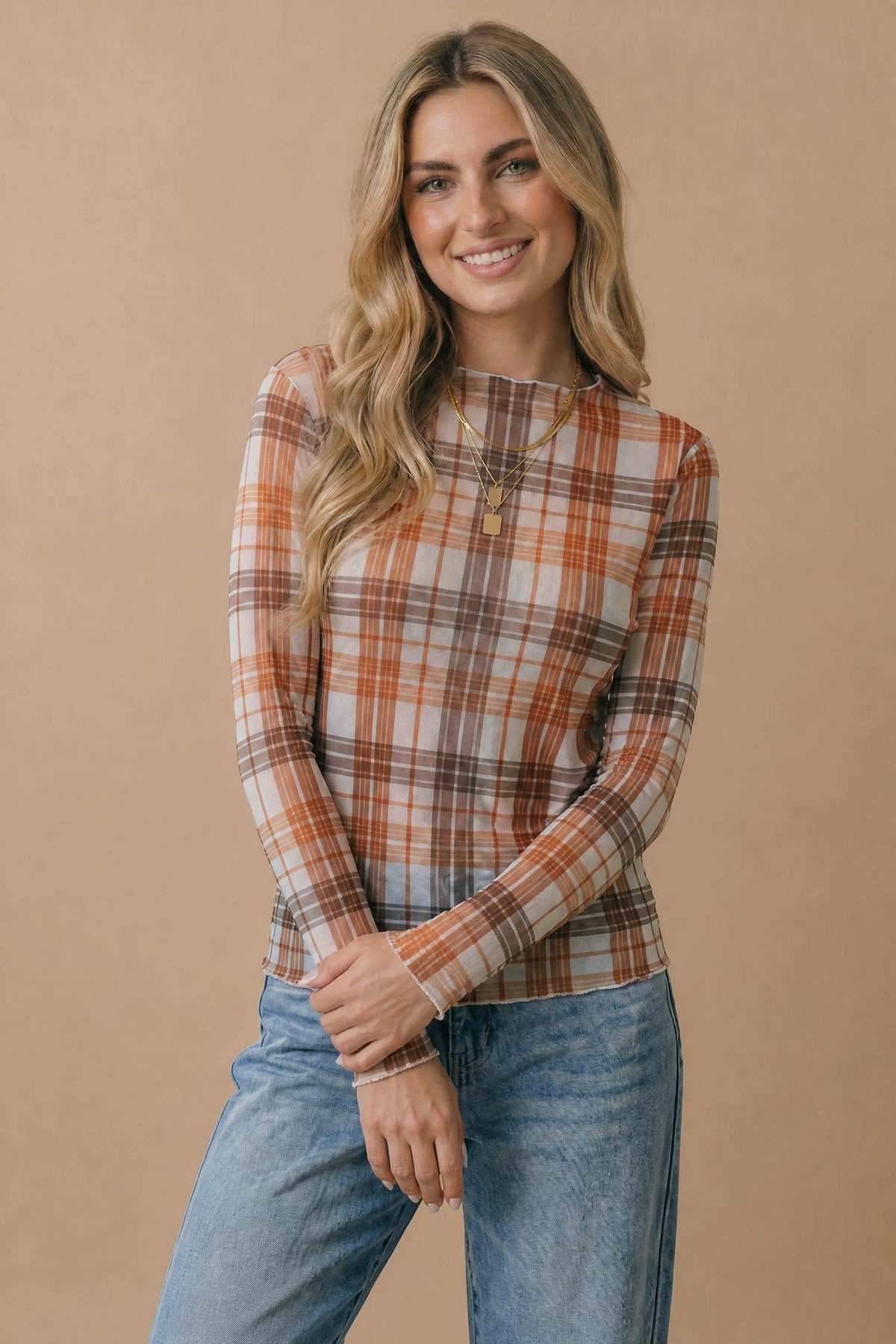 Haptics - Plus Plaid Mesh Semi Sheer Top