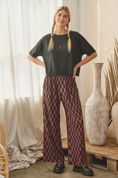 Retro Checkered Wide Leg Pants - Brown + Black