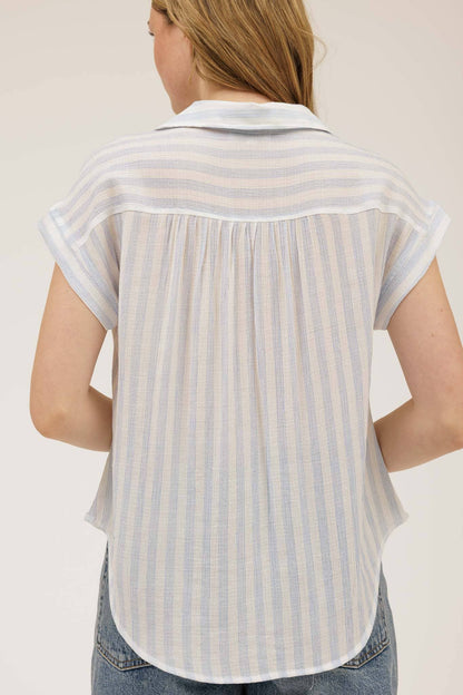 STRIPE COLLARED CUFF SLEEVE LIGHTWEIGHT SHIRT