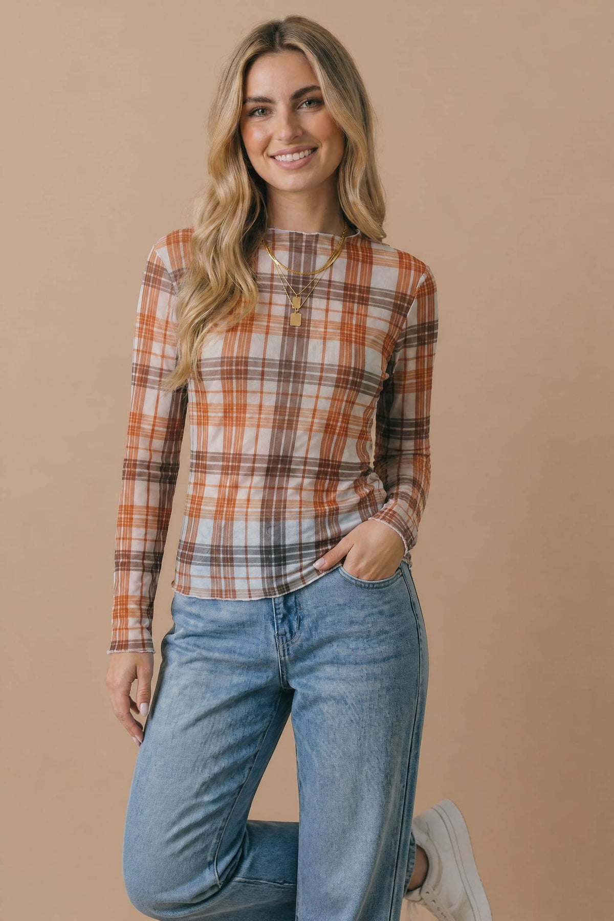 Haptics - Plus Plaid Mesh Semi Sheer Top