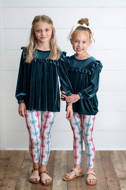 Girls Teal Velvet Coquette Bow Ruffle Fancy Pant Set