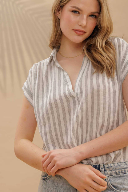 STRIPE COLLARED CUFF SLEEVE LIGHTWEIGHT SHIRT