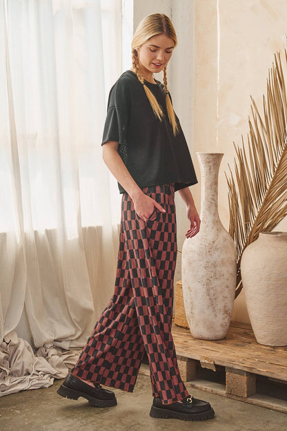 Retro Checkered Wide Leg Pants - Brown + Black