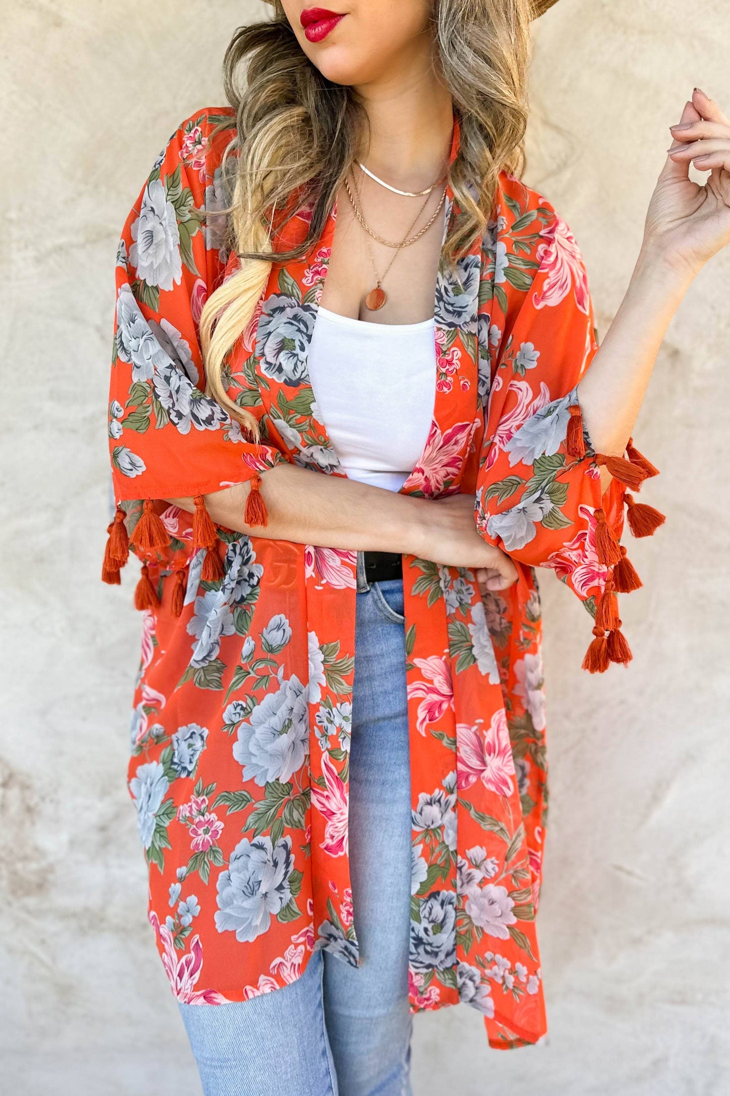 Coral Floral Print 3/4 Sleeve With Tassel Chiffon Kimono