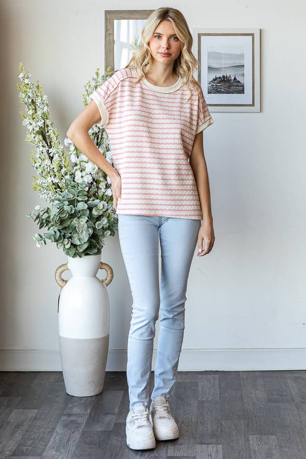 Pink Stripe Textured Short Sleeve Top