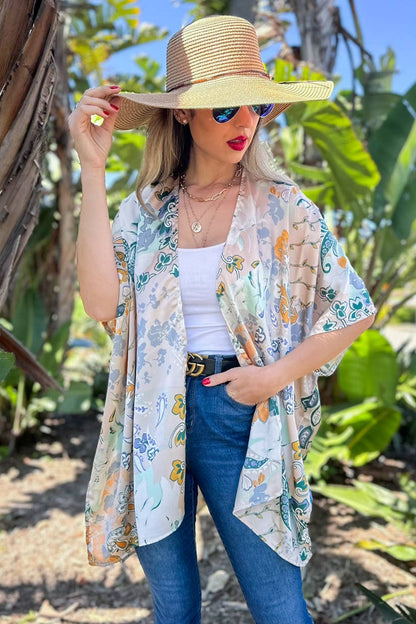 Beige Floral Printed Satin Kimono Cardigan Cover Up