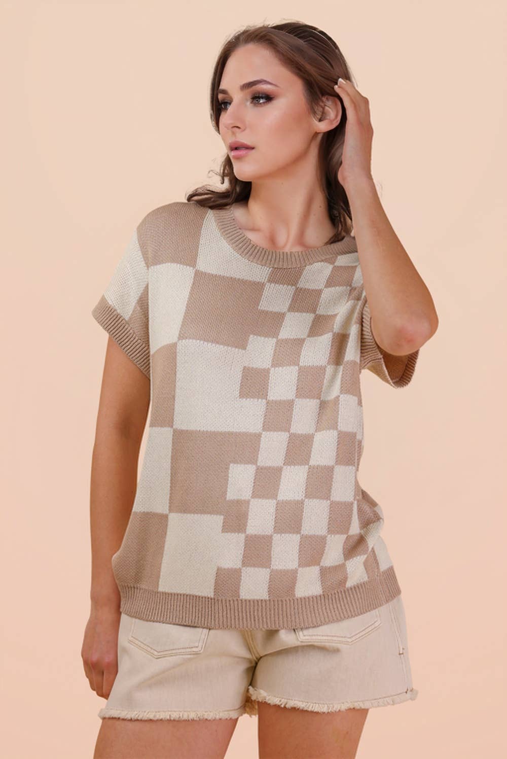 Dolman Sleeve Checkered Knit Casual Sweater Top