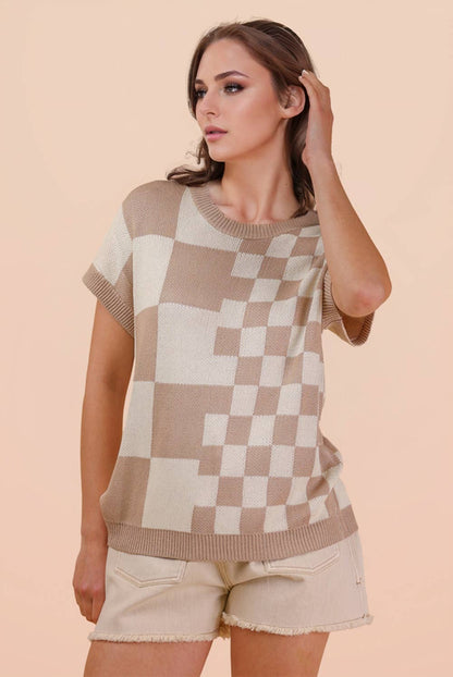 Dolman Sleeve Checkered Knit Casual Sweater Top