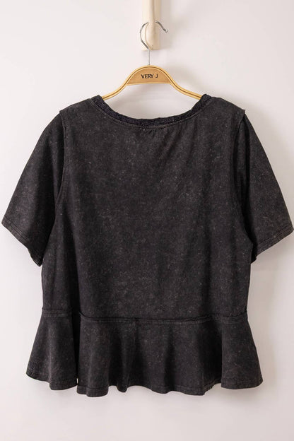 Lace Trim Detail Mineral Washed V-Neck Knit Top