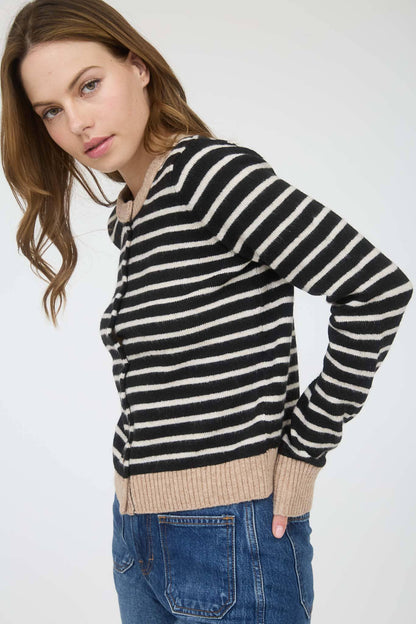 STRIPE COLORBLOCK TRIM BUTTON DOWN KNIT CARDIGAN