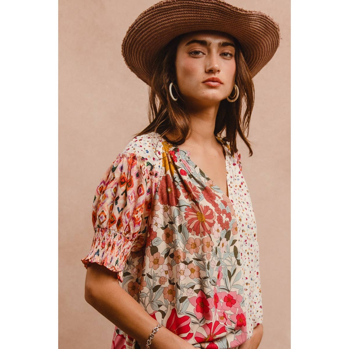 Bibi Woven Print Mix Match Peasant Top