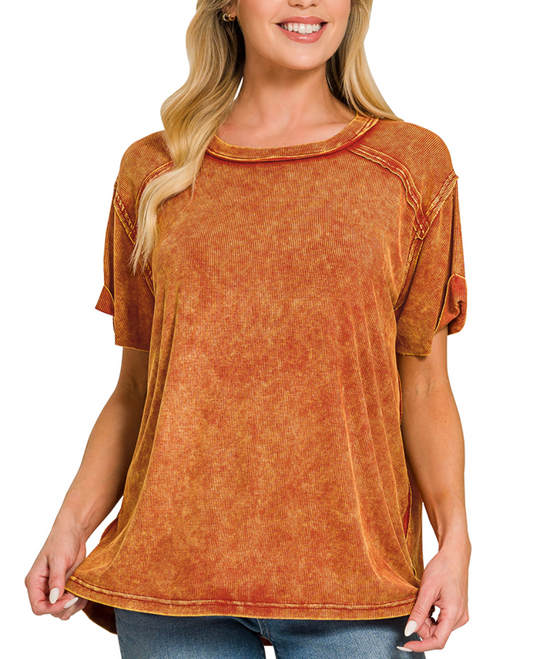 Zenana Washed Ribbed Boat-Neck Top - Rust