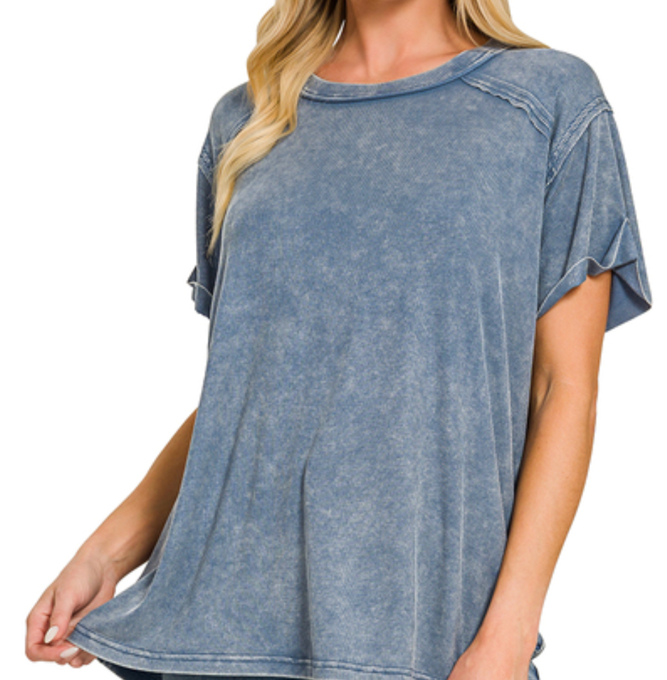 Zenana Washed Ribbed Boat-Neck Top - Dusty Blue