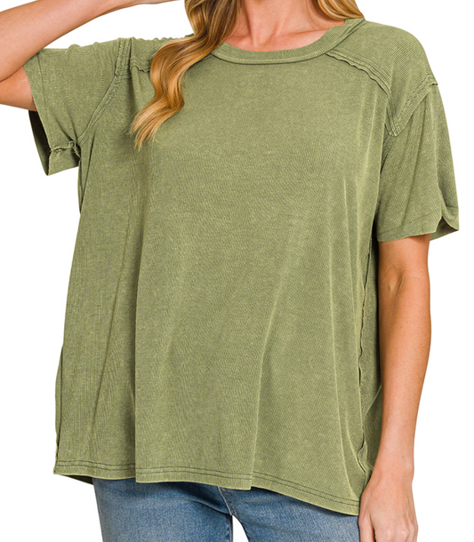 Zenana Washed Ribbed Boat-Neck Top - Light Olive