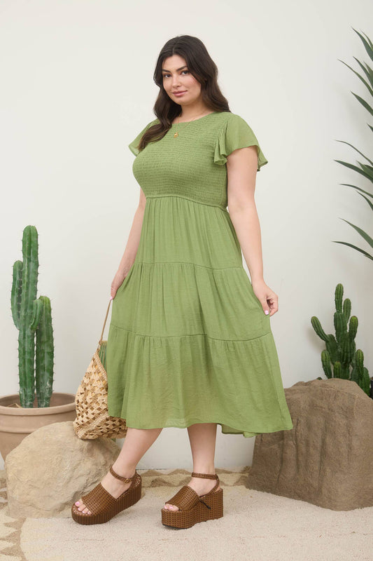PLUS SMOCKED TIERED MIDI DRESS