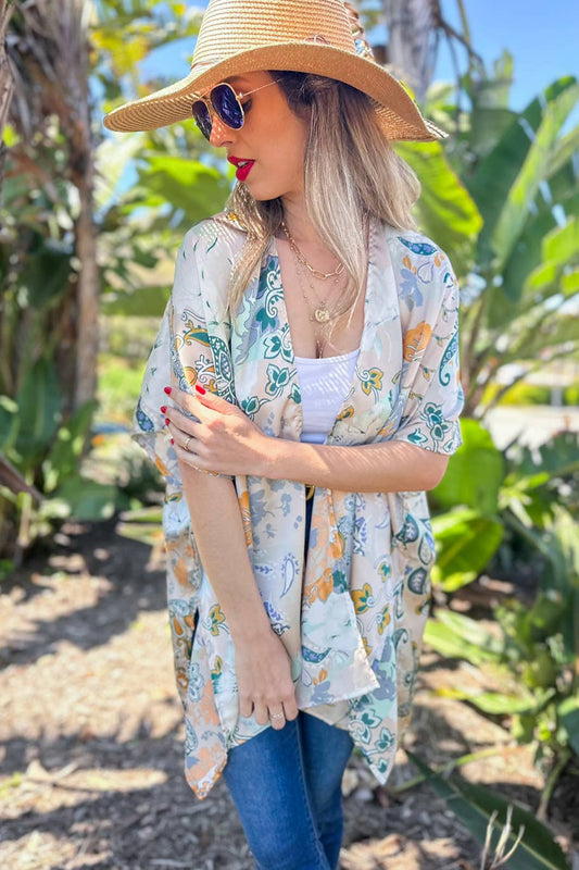 Beige Floral Printed Satin Kimono Cardigan Cover Up
