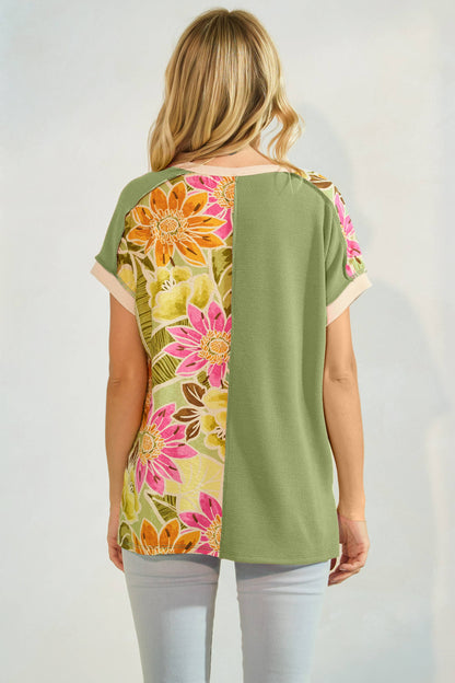 Floral Half Panel Button Short Sleeve Top T5963