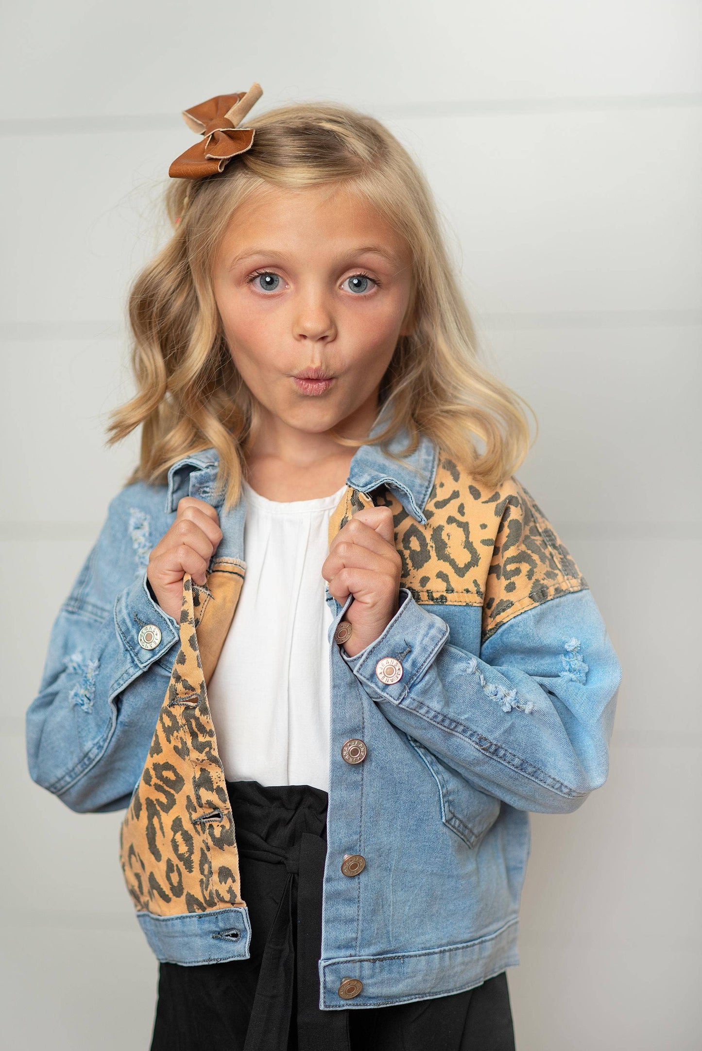 Kids Leopard Patch & Light Wash Denim Button Pocket Jacket