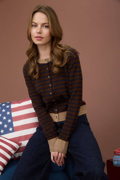 STRIPE COLORBLOCK TRIM BUTTON DOWN KNIT CARDIGAN