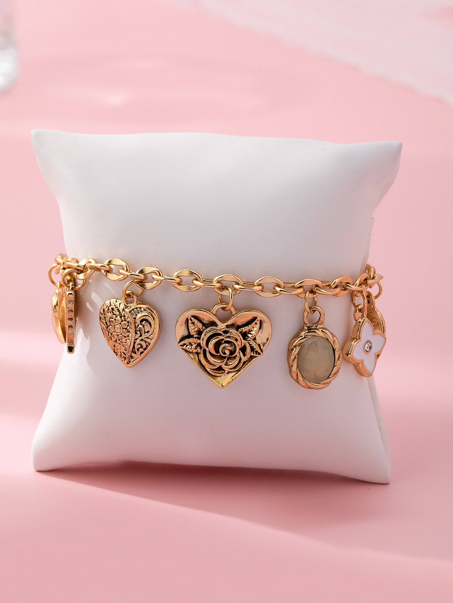 Gold Charm Bracelet with Hearts & Flowers