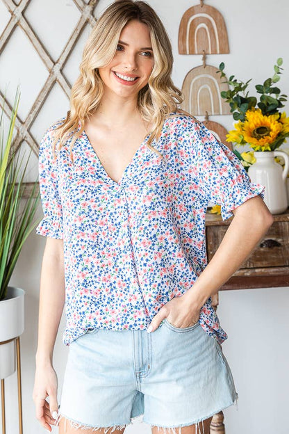 Tiny Flower Print V-Neck Ruffled Puff Sleeve Blouse T5051